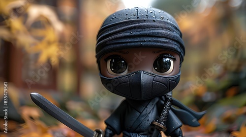 Adorable Baby Ninja Character in Black Outfit, Mask, and Tiny Sword, Exuding Cuteness and Playfulness photo