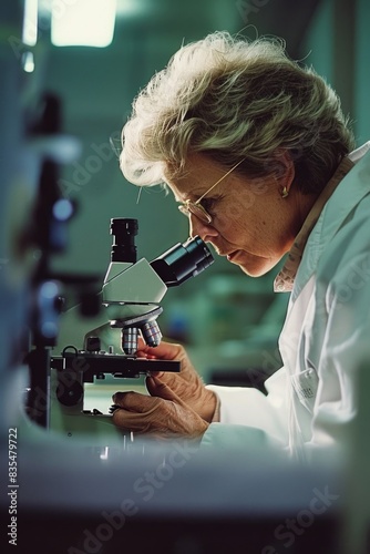 A scientist looks at a sample under the microscope