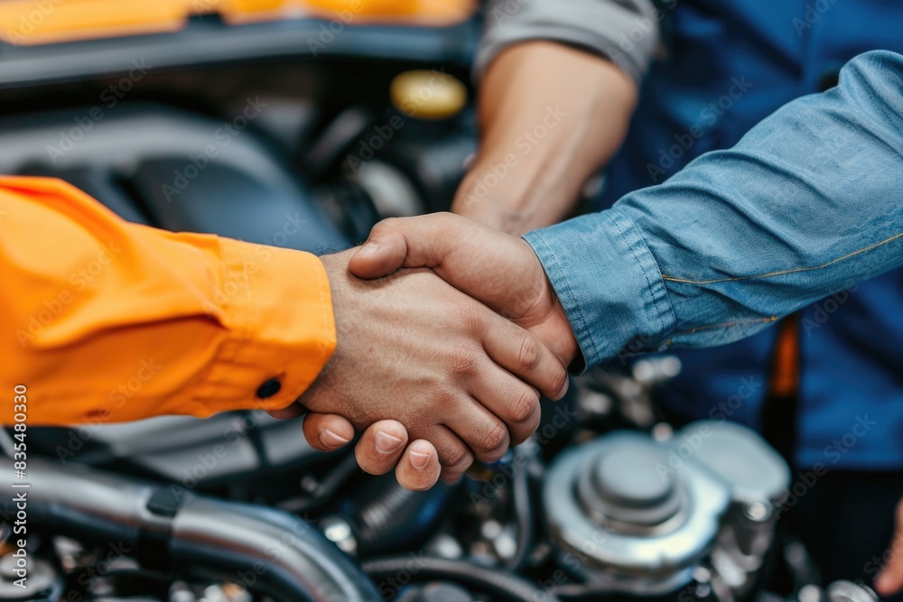 Two men greeting each other in front of a motorcycle, suitable for business or friendship themes Two men greeting each other in front of a motorcycle, suitable for business or friendship themes