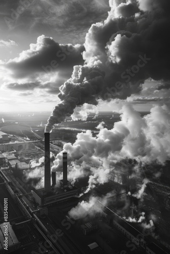 A black and white photograph of a factory with visible smoke emissions