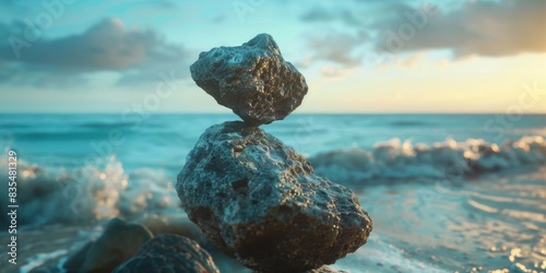 Coastal landscape with stacked rocks, perfect for travel or coastal-themed designs photo