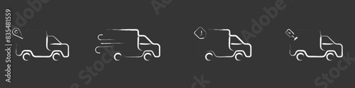 Delivery truck in grunge style white vector. Truck on black background vector. Delivery service. Fast delivery of goods by land vector. Freight transportation business logo. Vector illustration.