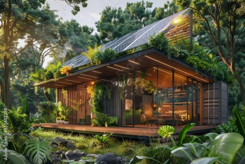 ecofriendly shipping container house in lush forest with solar panels sustainable architecture 3d illustration