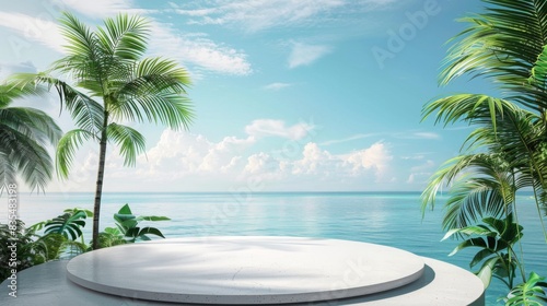 A tranquil ocean view framed by lush palm trees, showcasing a round platform under a clear blue sky with fluffy clouds.