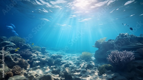 Stunning Underwater Coral Reef Scene with Radiant Sunlight