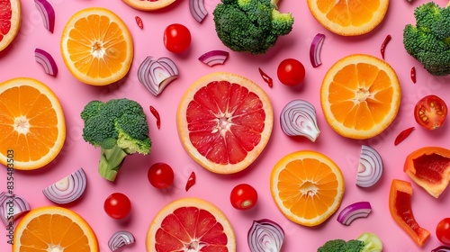 This eye-catching flat lay features a colorful food pattern composed of broccoli, orange slices, red peppers, onions, tomatoes photo