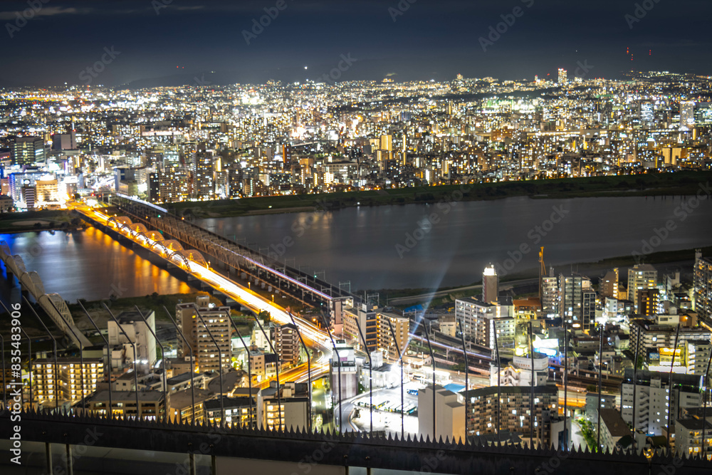 Fototapeta premium city skyline at night, osaka, japan, aerial view, lights, kobe, skyscraper, nighttime, 