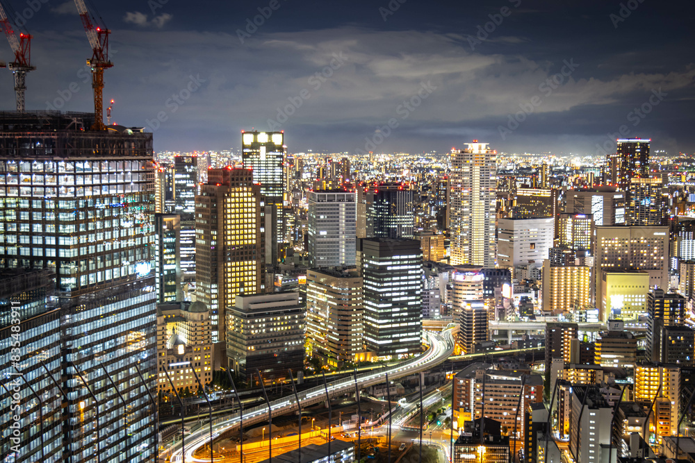 Fototapeta premium city skyline at night, osaka, japan, aerial view, lights, kobe, skyscraper, nighttime,