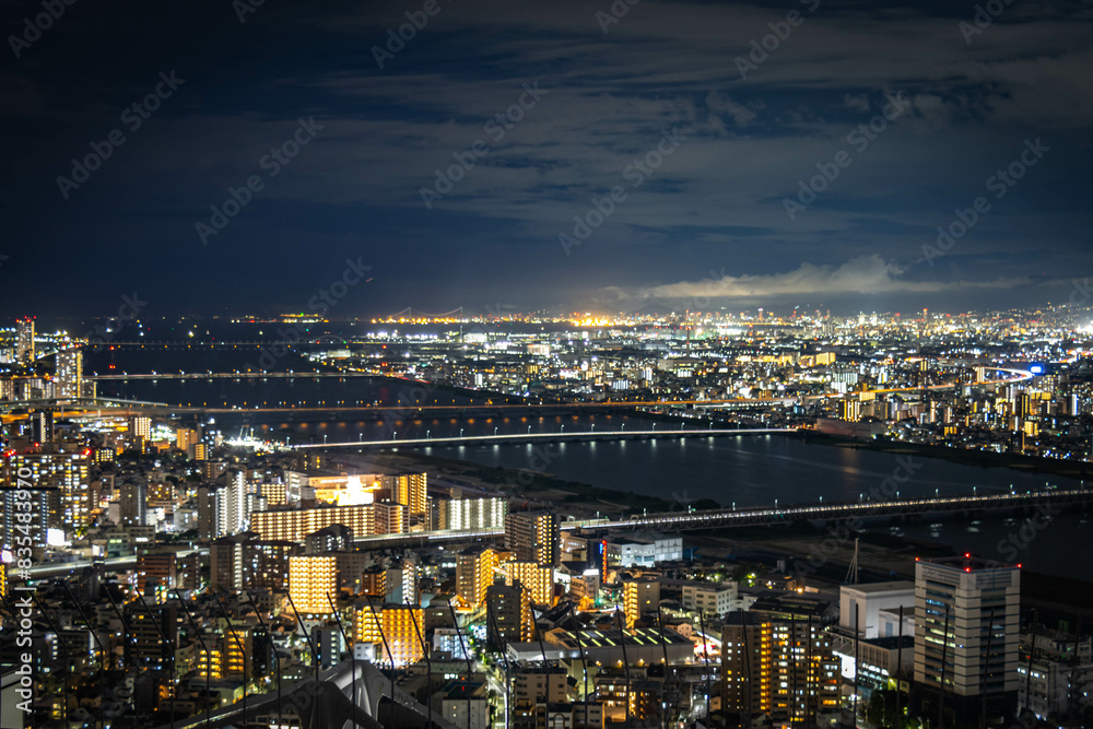 Fototapeta premium city skyline at night, osaka, japan, aerial view, lights, kobe, skyscraper, nighttime,
