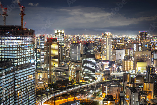 city skyline at night, osaka, japan, aerial view, lights, kobe, skyscraper, nighttime, 