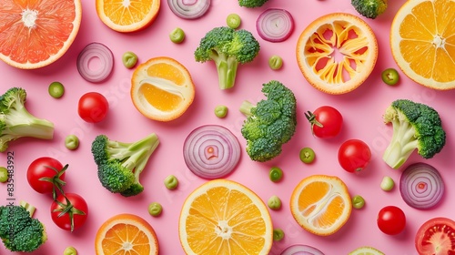 This eye-catching flat lay features a colorful food pattern composed of broccoli  orange slices  red peppers  onions  tomatoes