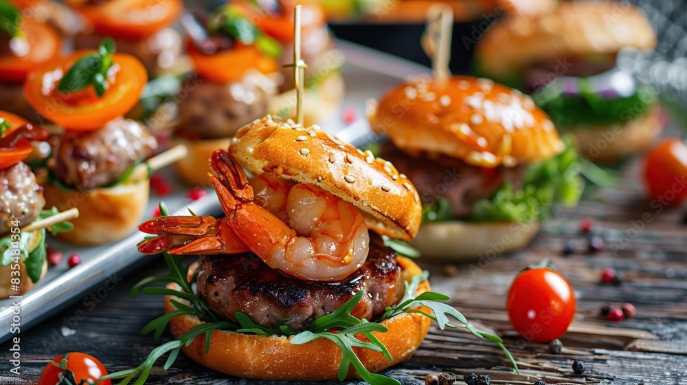 Canape, appetizers, on the table, buffet menu, European cuisine, shrimp, mini burger. Generative Ai Canape, appetizers, on the table, buffet menu, European cuisine, shrimp, mini burger. Generative Ai