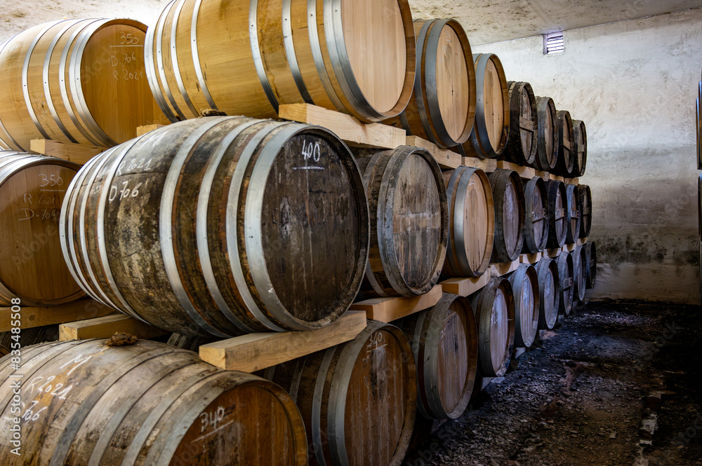 Aging process of cognac spirit in old dark French oak barrels in cellar in distillery house, Cognac white wine region, Charente, Segonzac, Grand Champagne, France Aging process of cognac spirit in old dark French oak barrels in cellar in distillery house, Cognac white wine region, Charente, Segonzac, Grand Champagne, France