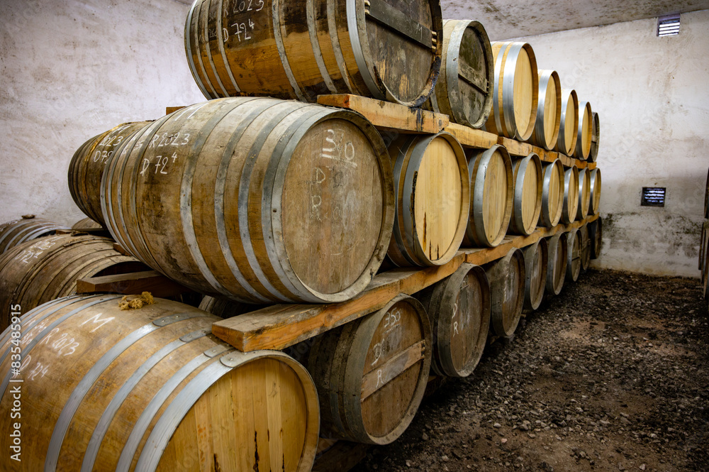 Aging process of cognac spirit in old dark French oak barrels in cellar in distillery house, Cognac white wine region, Charente, Segonzac, Grand Champagne, France Aging process of cognac spirit in old dark French oak barrels in cellar in distillery house, Cognac white wine region, Charente, Segonzac, Grand Champagne, France