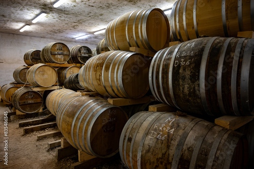 Aging process of cognac spirit in old dark French oak barrels in cellar in distillery house, Cognac white wine region, Charente, Segonzac, Grand Champagne, France photo