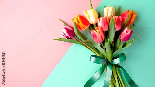 Wallpaper Mural Colorful tulip bouquet with green ribbon on pastel background. Bright and cheerful flowers. Perfect for spring themes and celebrations. AI Torontodigital.ca