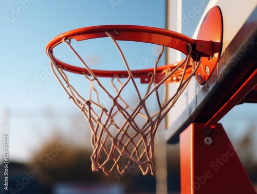 Close-up view of a basketball hoop with a net, suitable for sports or fitness related use
