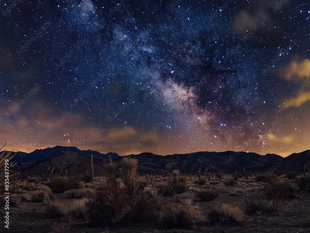 Starry night sky over desert landscape