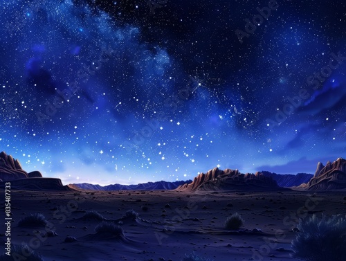 Starry night sky over desert landscape