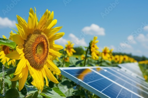 Sunflowers and solar panels in a bright field  representing renewable energy sources