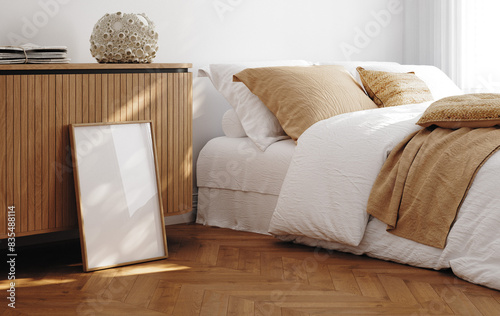Home mockup, simple cozy Coastal bedroom interior background, 3d render