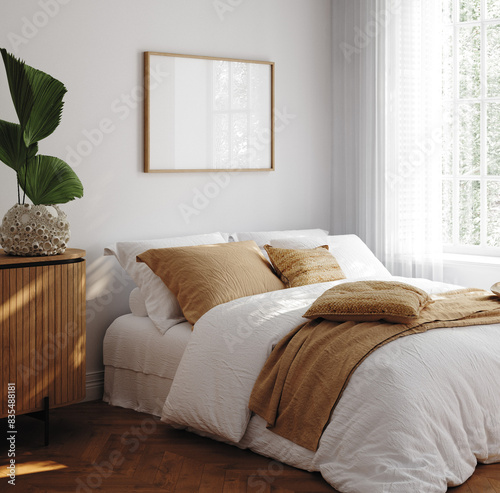 Home mockup, simple cozy Coastal bedroom interior background, 3d render