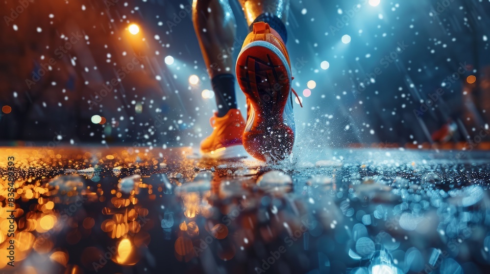 Close-up of a runner's feet in action on a wet street