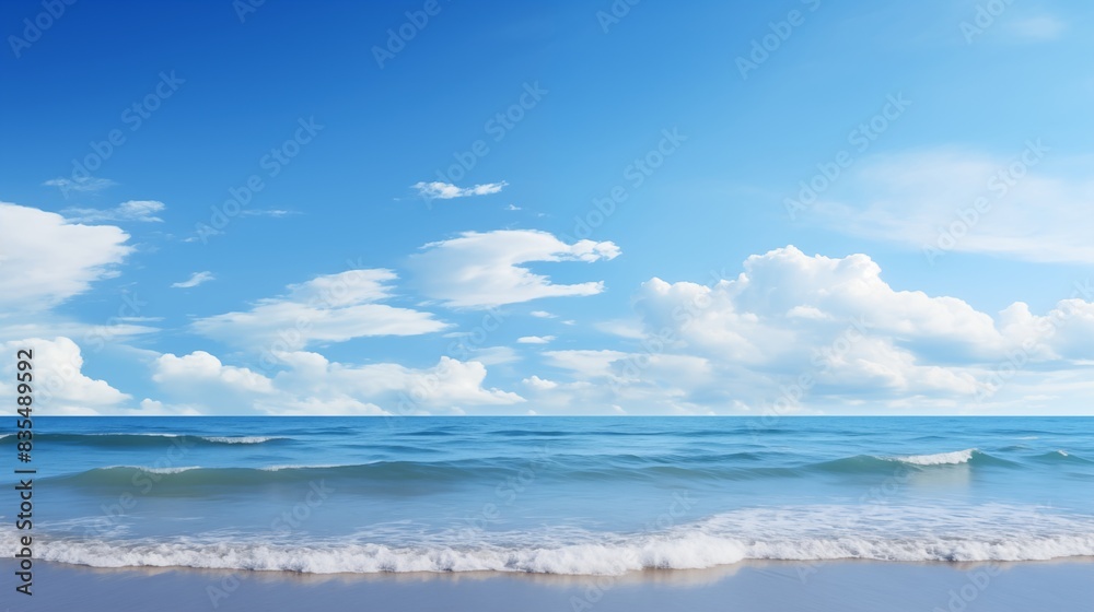 A Scenic View of Calm Ocean Waves Meeting a Clear Blue Sky with White Clouds