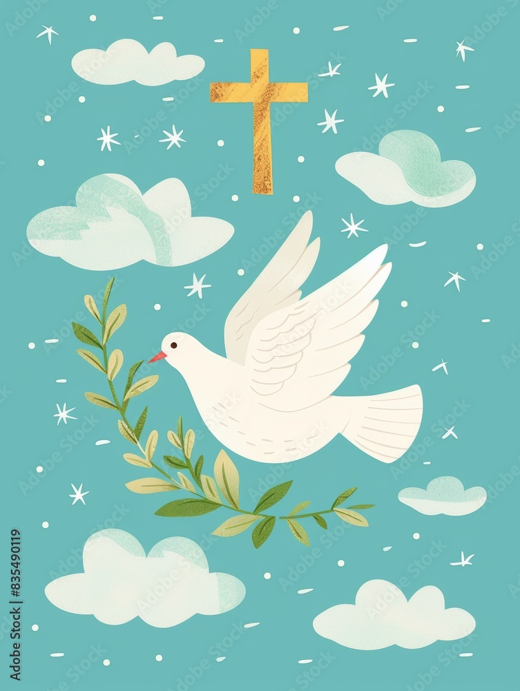 a minimalistic naive style drawing of a white dove holding a green olive branch in its beak, in a vibrant baby-blue background with white little clouds and a golden Christian cross atop in the center, a minimalistic naive style drawing of a white dove holding a green olive branch in its beak, in a vibrant baby-blue background with white little clouds and a golden Christian cross atop in the center,