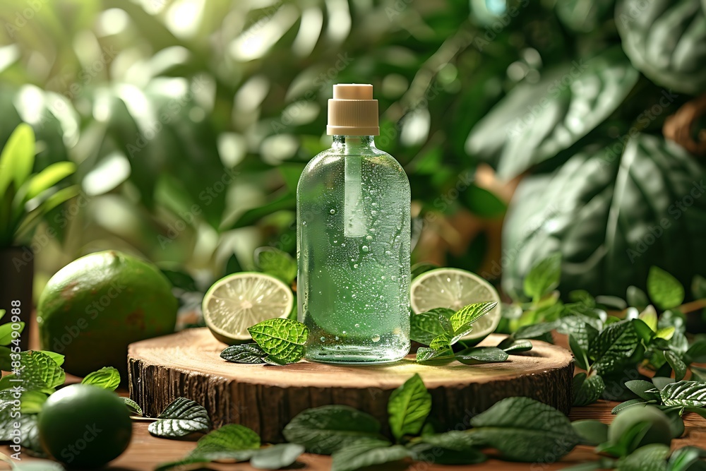 A bottle of refreshing cosmetic product surrounded by natural and green elements, evoking a sense of tranquility and care. A bottle of refreshing cosmetic product surrounded by natural and green elements, evoking a sense of tranquility and care.