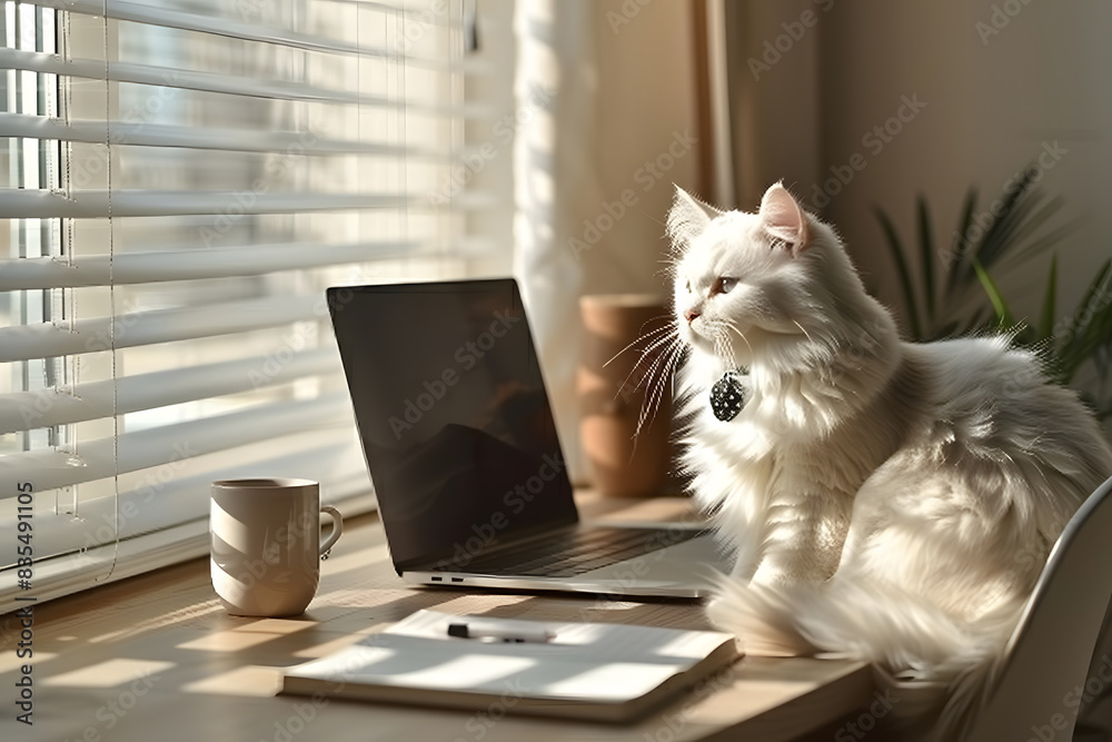 Cat businessman with black and white tie on modern office desk with laptop, sunlight streaming through a window. Neutral-colored office space with minimalistic decor, a coffee cup, and a notepad Cat businessman with black and white tie on modern office desk with laptop, sunlight streaming through a window. Neutral-colored office space with minimalistic decor, a coffee cup, and a notepad