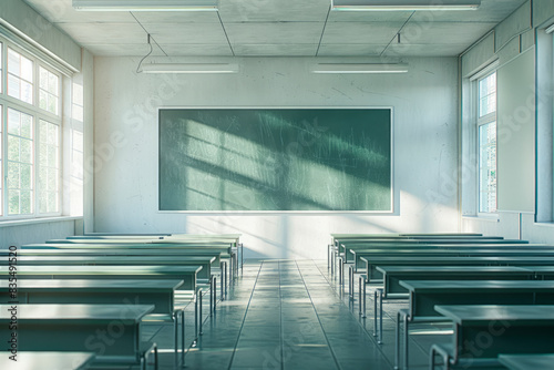 Empty school bright classroom with desks, chairs and board, copy space, template. Back to school concept