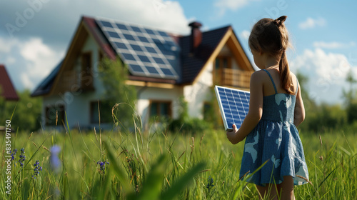 Menina com modelo de painel solar, parada no meio do prado, casa com painéis solares atrás. Conceito de recursos renováveis. photo