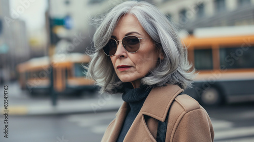 Retrato de uma mulher madura elegante com cabelos grisalhos na rua da cidade. Mulher mais velha em óculos de sol à espera de transporte público photo