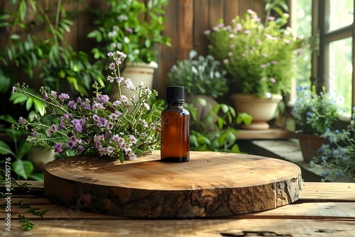 A bottle of essential oil sits on a wooden stand surrounded by plants and flowers  evoking a sense of natural wellness and tranquility.