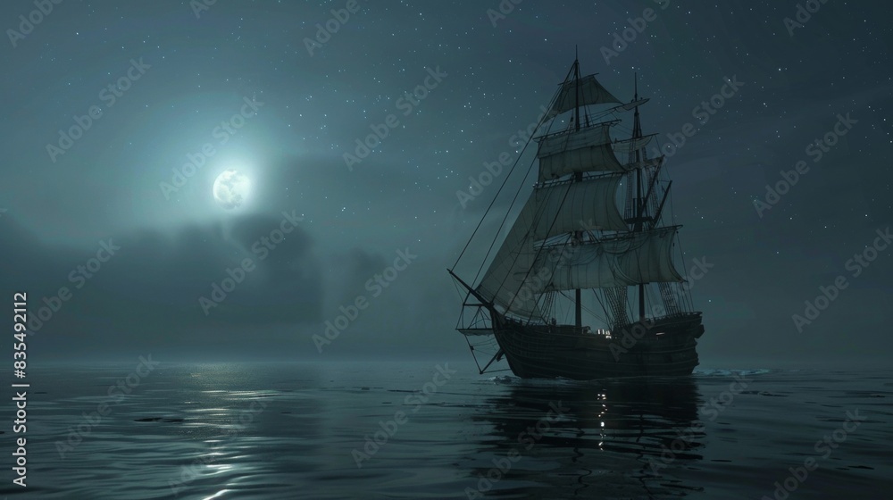 Fototapeta premium Sailing ship in sea water with moon.