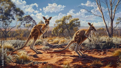 Pair of kangaroos hopping through the outback exhibit  red dirt and sparse trees around