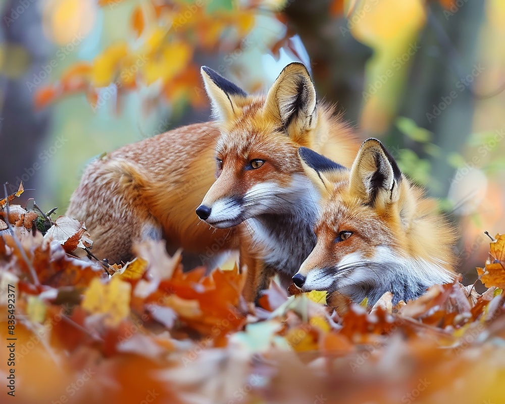 Fototapeta premium A pair of red foxes playing in the underbrush, their coats blending with the autumn leaves