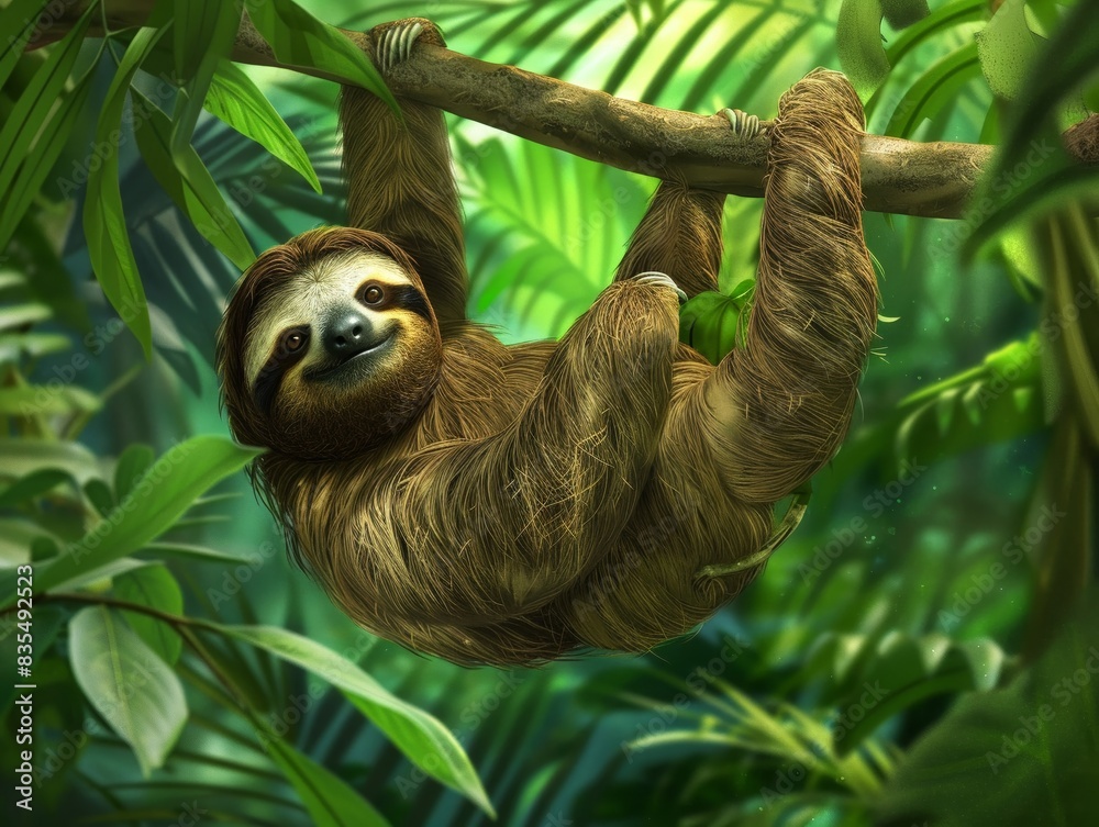imagine prompt A sloth hanging lazily from a branch, surrounded by dense, tropical vegetation imagine prompt A sloth hanging lazily from a branch, surrounded by dense, tropical vegetation