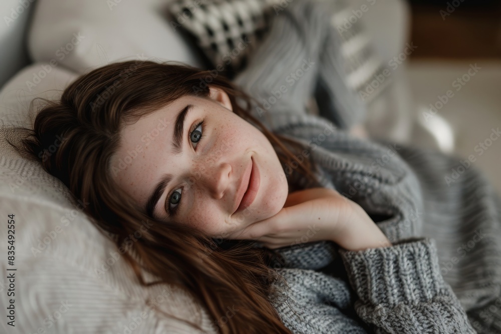 Young woman relaxing on couch, smiling in Germany, Bavaria, Munich Young woman relaxing on couch, smiling in Germany, Bavaria, Munich