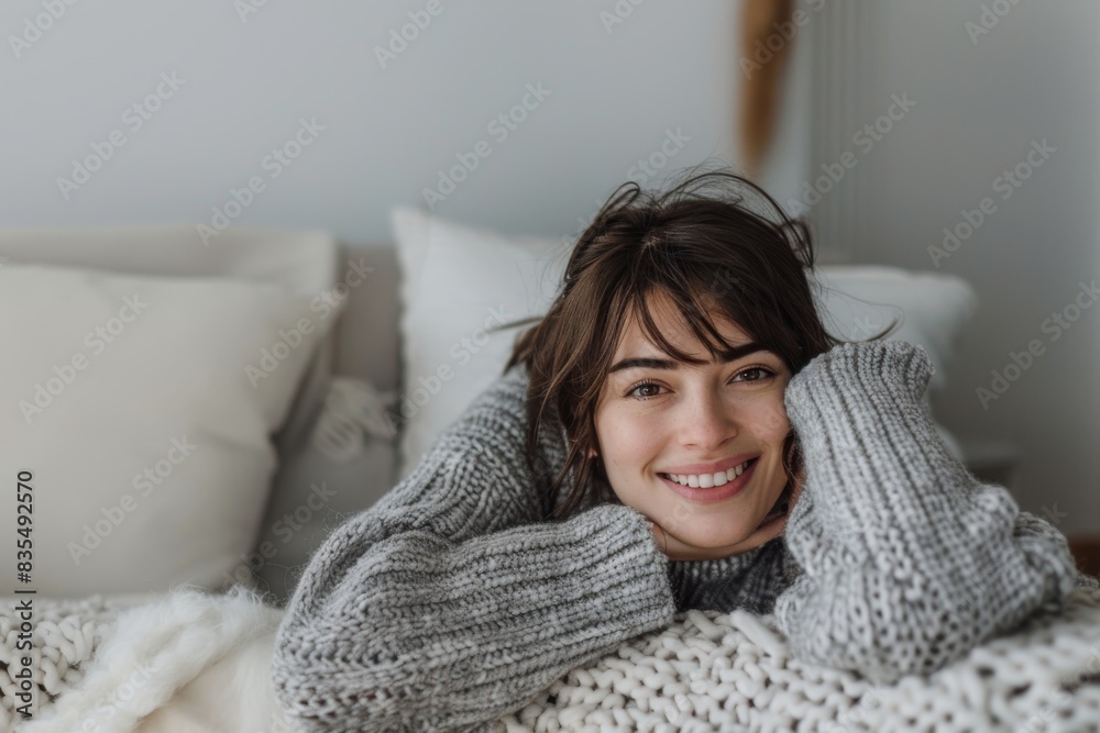 An image from Germany, Bavaria, Munich of a young woman relaxing on a couch and smiling An image from Germany, Bavaria, Munich of a young woman relaxing on a couch and smiling