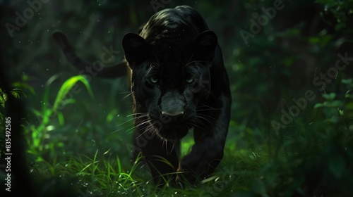 A striking black panther prowling through the underbrush  its eyes gleaming in the low light