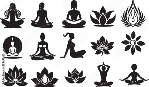 set of yoga logo icons silhouette black and white. yoga pose asans and lotos 
