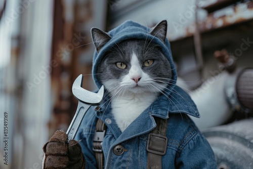 A domesticated gray and white cat wearing a denim jacket and holding a wrench in its paw