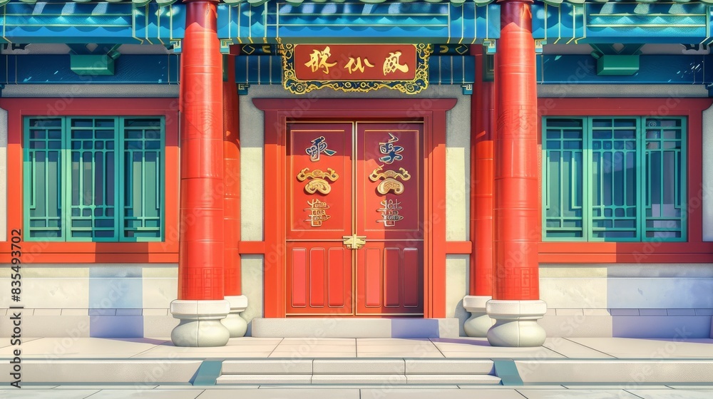 The entrance of the building has two red doors, in the style of cartoon, simple background, in the anime animation style, high definition, high resolution, high detail, masterpiece, best quality