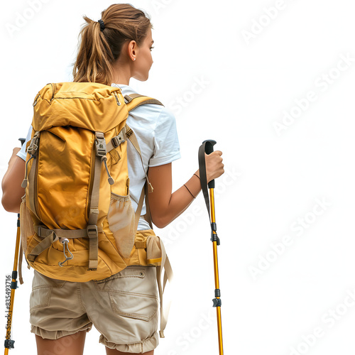 Woman traveler with yellow hiking backpack and hiking stiks enjoys the scenery. active lifestyle. wanderlust isolated on white background, space for captions, png
 photo