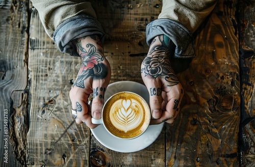 View from above of man holding a cup of coffee with a tattoo on his arm photo
