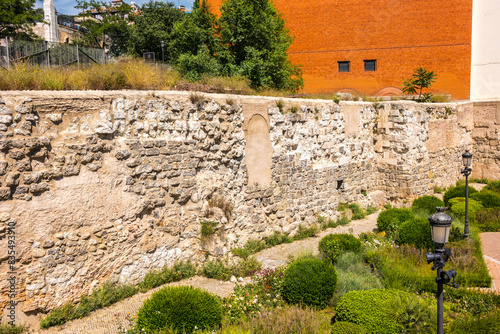 Remains of the Arab wall at Emir Mohamed I Park, located at the foot of the Almudena Cathedral in Madrid.