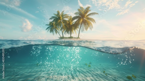 Sailing boat above and sea life beneath underwater in sea.