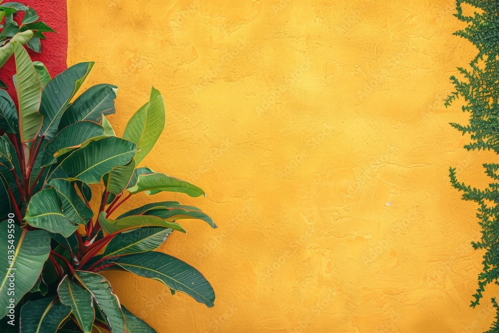 Background of a yellow colonial wall with vine plants in the background